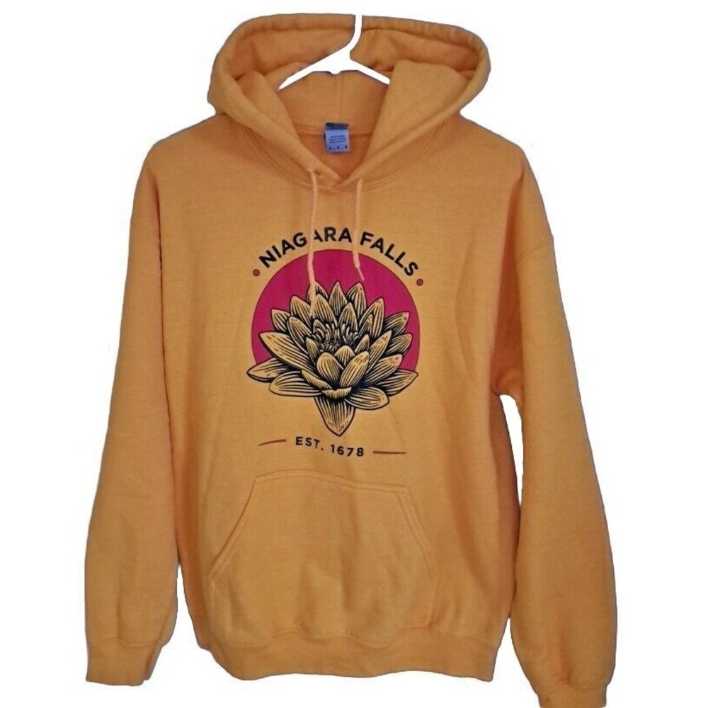 Niagara Falls Graphic‎ Hooded Pullover Sweatshirt Size M Unisex Yellow Pre-owned